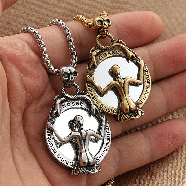Collar con colgante de calavera de acero inoxidable con espejo mágico punk hip hop para hombres y mujeres