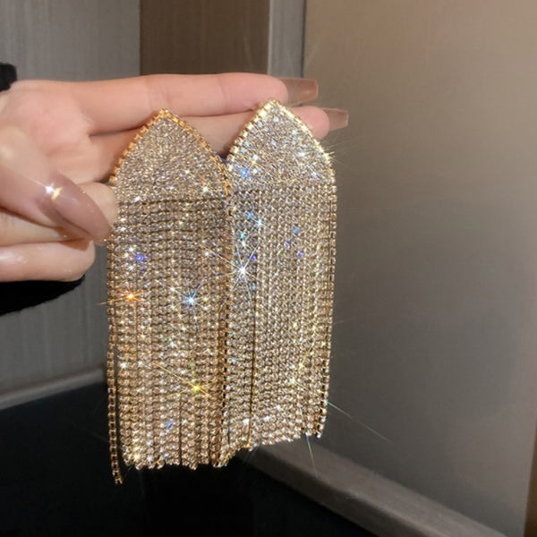 Pendientes largos de borlas de cristal de gran tamaño con diamantes de imitación de color dorado a la moda