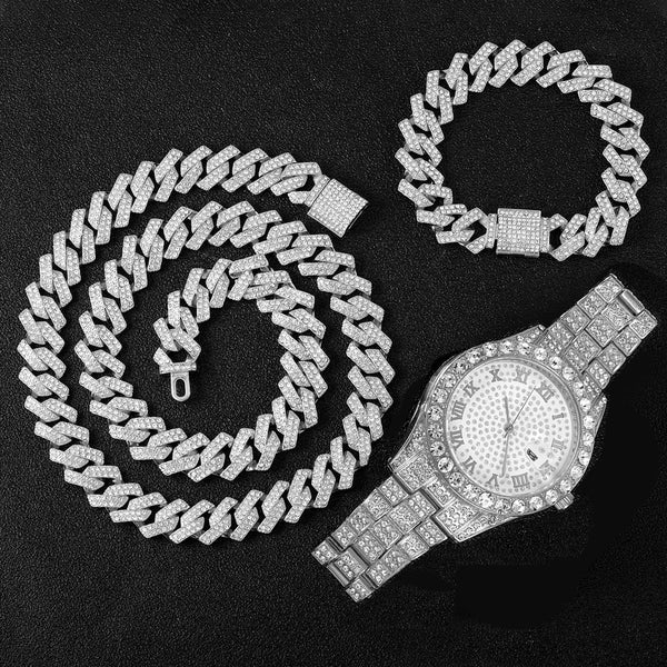 Iced Out Necklace +Watch+Bracelet Set
