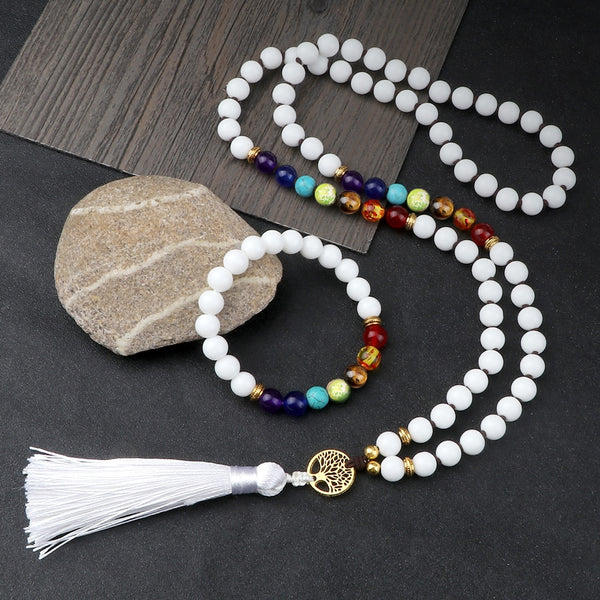 Collar de mala de porcelana blanca para mujer, pulsera de cuentas de piedra natural con 7 chakras