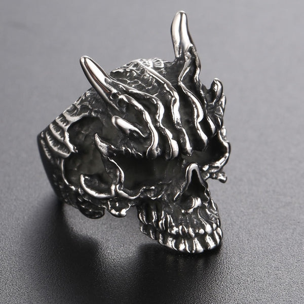Anillo vintage gótico con calavera de dragón negro para hombre