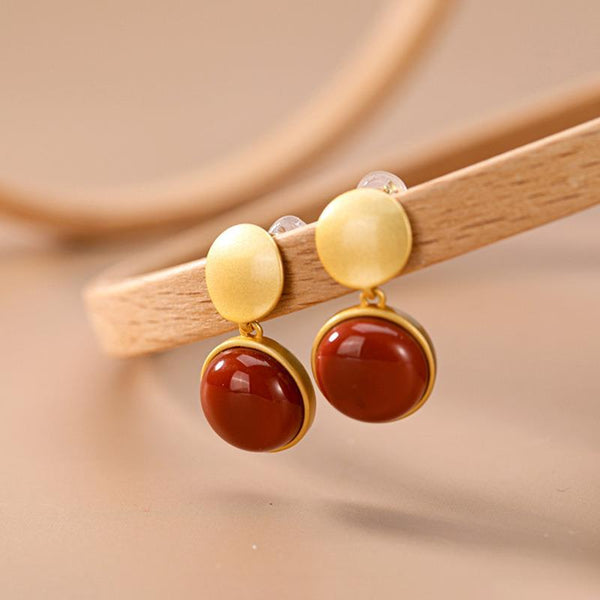 Pendientes colgantes de calcedonia redonda retro con incrustaciones de oro antiguo, originales y nuevos.