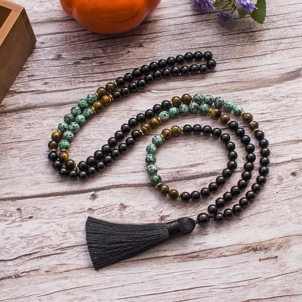Collar de oración Mala 108 con cuentas de ojo de tigre, ónix negro y turquesa africana de 8 mm