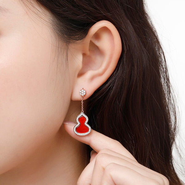 Nuevos pendientes largos de calabaza con turmalina roja del sur y diamantes con incrustaciones de plata para mujer
