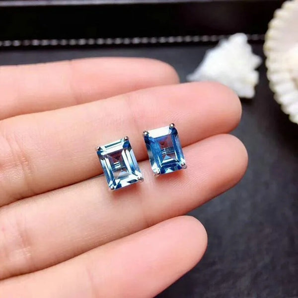 Novel and Unique Design Inlaid Blue Square Topaz Women Stud Earrings