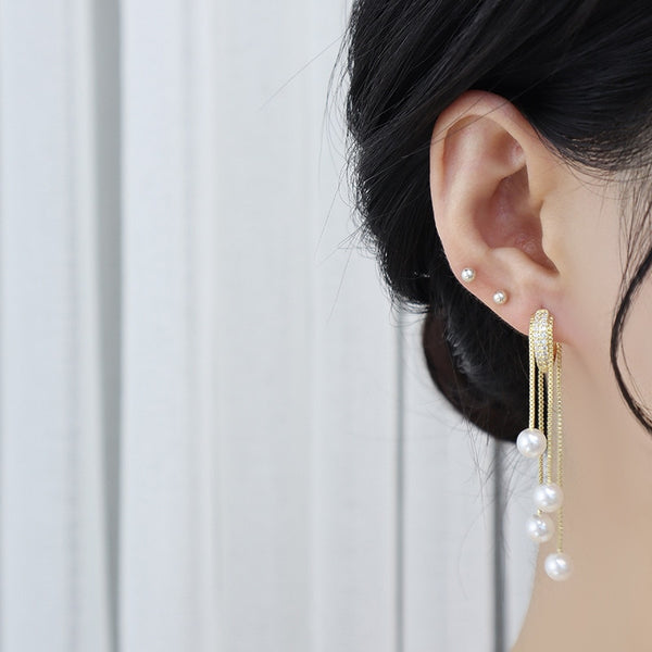 Hermosos pendientes largos de borlas de perlas estilo coreano con micro pavé de circonitas