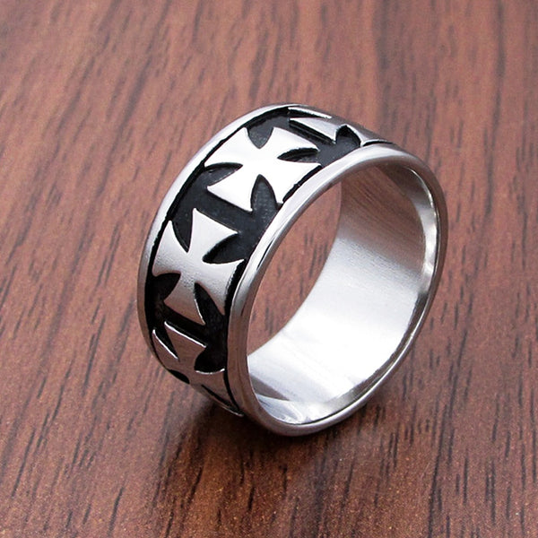 Anillo de acero inoxidable estilo punk con cruz de hierro, estilo retro, redondo y sencillo, de estilo alemán