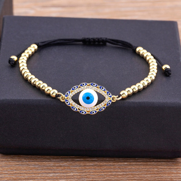 Pulsera ajustable de cobre y circonitas de alta calidad con ojo turco malvado para mujer