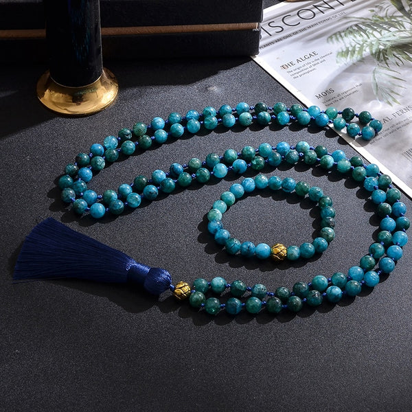 8mm Apatite Beaded Knotted 108 Mala Necklace Bracelet Set