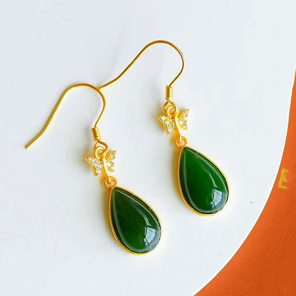 Pendientes de mariposa con diamantes en forma de gota de jade hetiano natural, elaborados con artesanía dorada