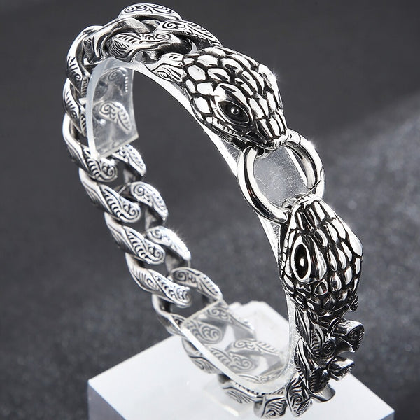 Pulsera gótica con doble cabeza de serpiente para hombre, de acero inoxidable macizo, estilo retro, con cadena de eslabones.