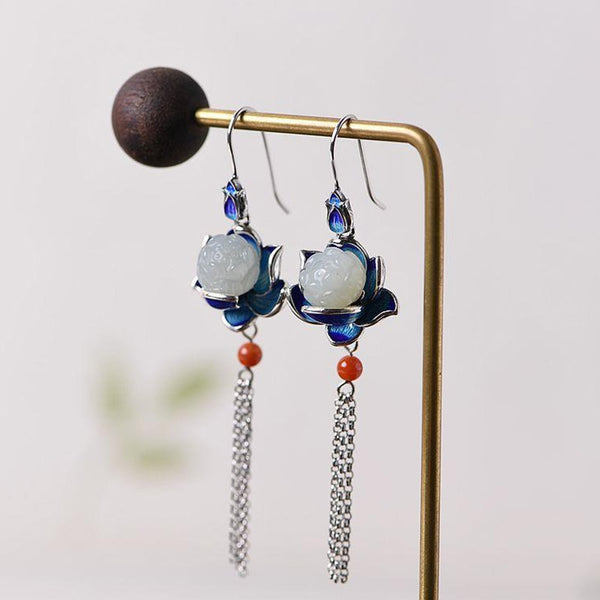 Natural Hetian White Jade Lotus Pond Enamel Porcelain Earrings