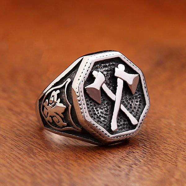 Anillo de acero inoxidable 316L vintage con doble hacha y cruz vikinga nórdica