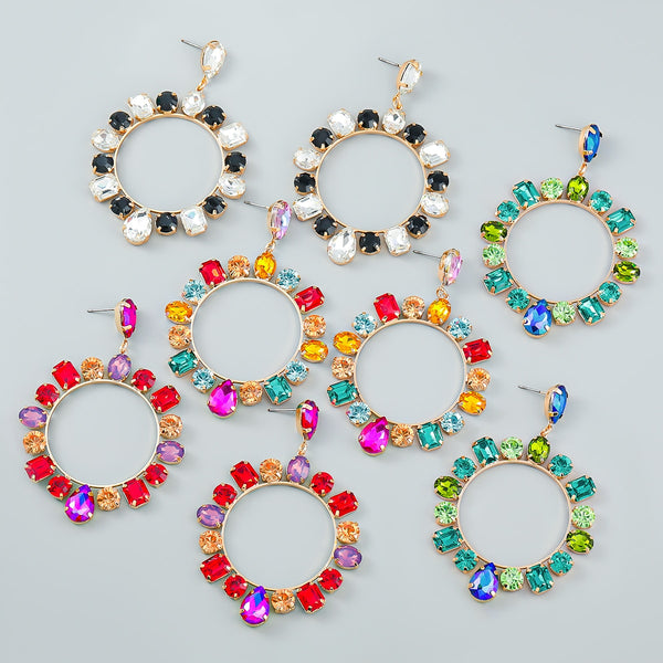 Pendientes geométricos de diamantes de imitación redondos de metal de moda para mujer