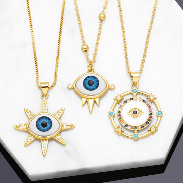 Exquisite Resin Blue Evil Eye Necklaces for Women Copper CZ Rhinestone Round Greek Eye Necklace