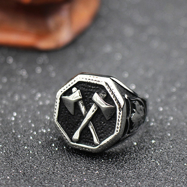 Anillo vintage de doble hacha con cruz de guerrero vikingo para hombre