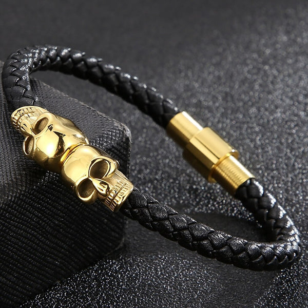 Pulsera de cuero genuino con dije de punk rock para hombre, brazalete con calavera.