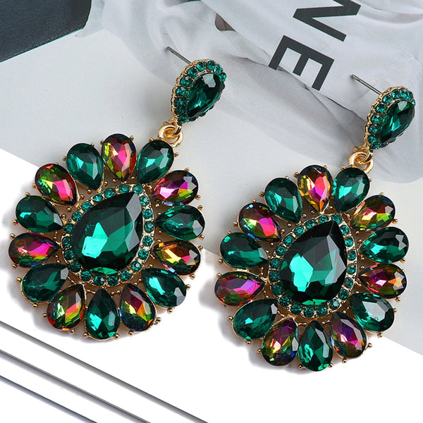 Pendientes colgantes grandes de cristal brillante vintage para mujer