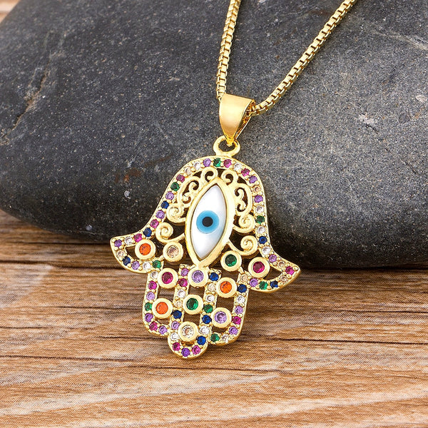 Nuevo y moderno collar de cadena con palma de Fátima y ojo malvado de pavo de la suerte para mujer