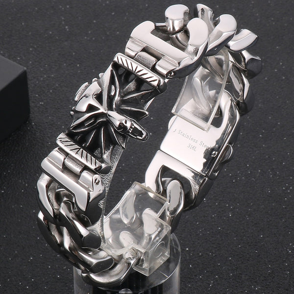 Biker Men's Stainless Steel Wolf Head Cuban Link Curb Chain Bracelet