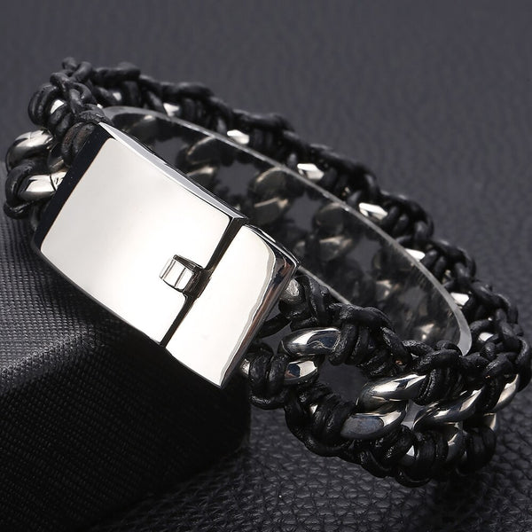 Pulsera de cuero trenzado con cadena de eslabones de acero inoxidable pulido para hombre