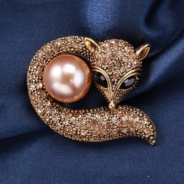 Broche vintage de lujo con insignias de cristal de perla de zorro para mujer