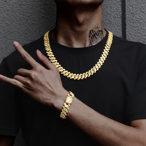 A Set Of 16mm Miami Cuban Choker Square Link Necklace Gold Color Iced Out Chain