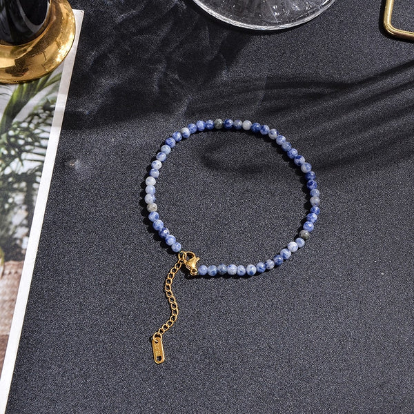 Tobillera de cuentas azules y blancas de 4 mm con cierre de langosta de acero inoxidable y cadena de extensión para mujer, ideal para playa y verano.