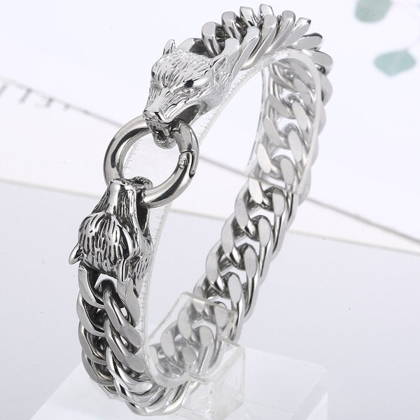 Pulsera de cadena de eslabones cubanos con cabeza de lobo doble de acero inoxidable para hombre