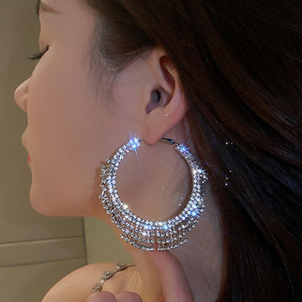 Pendientes de aro de cristal geométricos de moda con borlas y diamantes de imitación