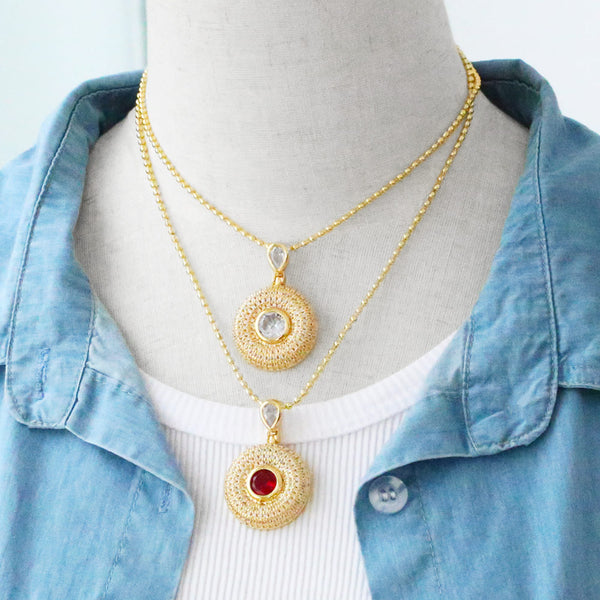 Statement Big Round Disc Crystal Necklaces for Women Copper CZ Rhinestone Beaded Necklaces
