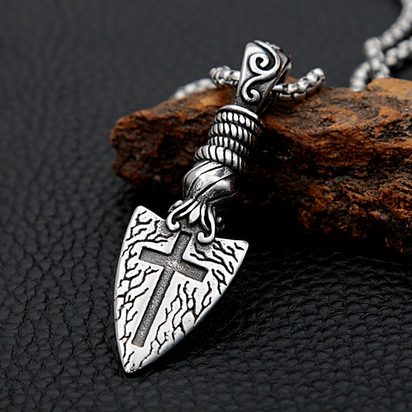 Collar vintage de lanza vikinga con colgante de cruz de acero inoxidable estilo punk hip hop para hombre