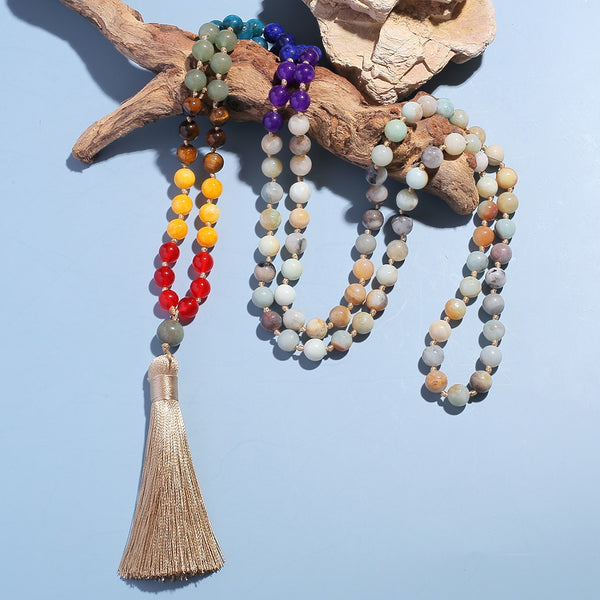 Collar anudado de amazonita de 108 cuentas de mala de 8 mm y 7 chakras
