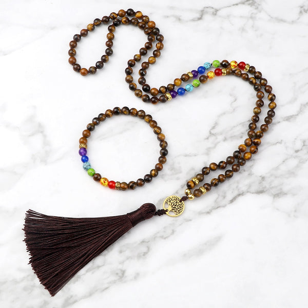 Collar de cuentas de 7 chakras con 108 Malas, joyería tribal de moda, con rayas verdes y piedra de ónix anudada para mujer