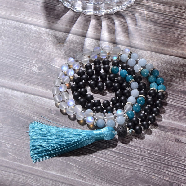 Collar Mala 108 anudado con cuentas de piedra natural de 8 mm