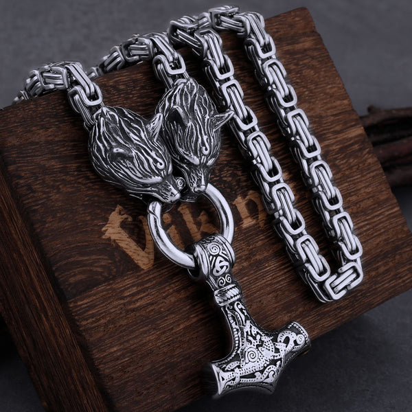 Conjunto de collar con amuleto de lobo celta vikingo de acero inoxidable y martillo de Thor para hombre