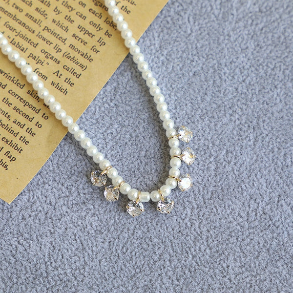 Korean Elegant Pearl Beads Necklace for Women Ladies Fashion Rhinestone Pendent