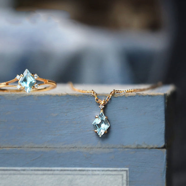 Conjunto de collar y colgante ajustable con apertura de anillo de cristal azul para damas