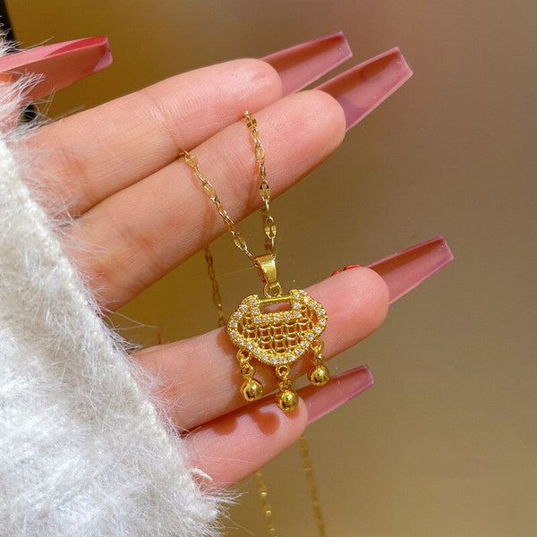 Classic Gold Color Necklace For Women Jewelry Auspicious Lock Pendant Necklace