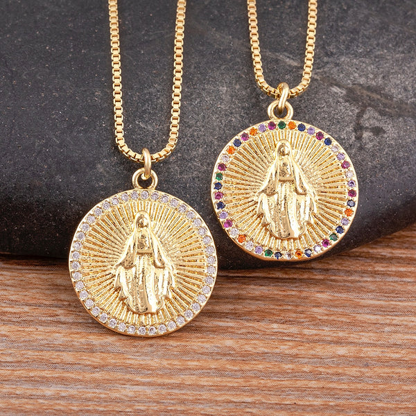 Classic Zircon Round Rainbow Crystal Inlaid Virgin Mary Pendant Gold Plated Necklace