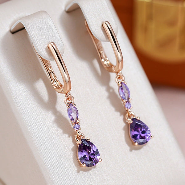 Pendientes colgantes clásicos de circonita morada en forma de gota, color oro 585, para boda, para mujer