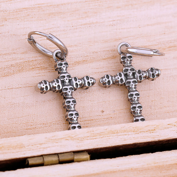 Pendientes de acero inoxidable con forma de cruz y calavera gótica para hombre, estilo hip hop y rock.