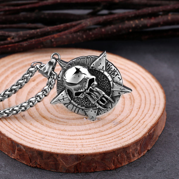 Collar con pentagrama retro y calavera redonda para hombre, estilo neogótico, hip hop, punk rock y motociclista.