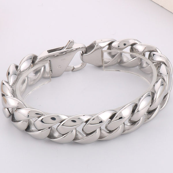 Pulsera clásica de cadena cubana para hombre, de acero inoxidable pulido, de 18 mm de ancho.