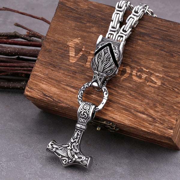 Collar vintage de acero inoxidable con cabeza de lobo vikingo y martillo de Thor para hombre.