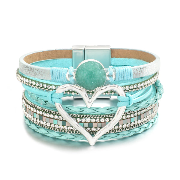 Metal Love Heart Charm Leather Bracelets for Women