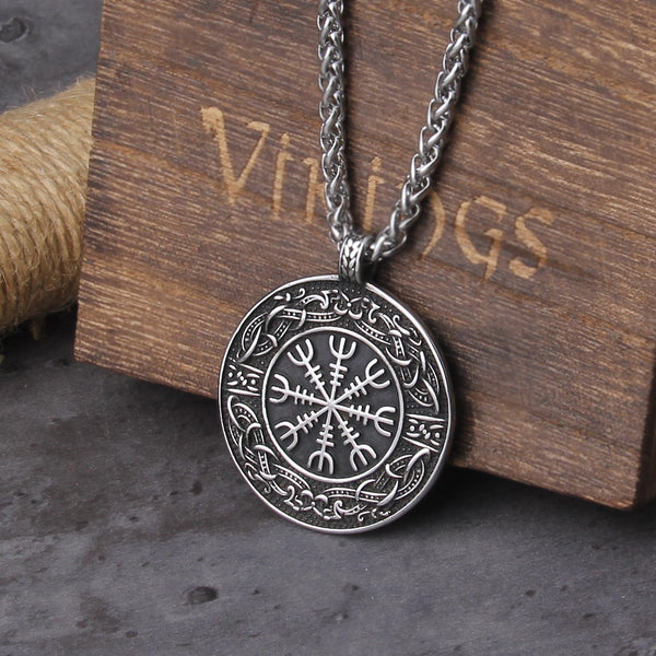 Collar con colgante de brújula rúnica vikinga vintage de acero inoxidable