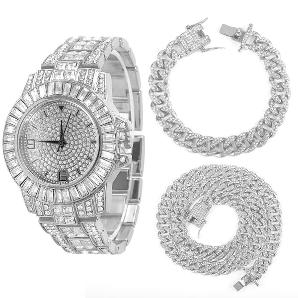 Reloj cuadrado con incrustaciones de circonita y diamantes de imitación + collar de cadena cubana de 13 mm con cristales