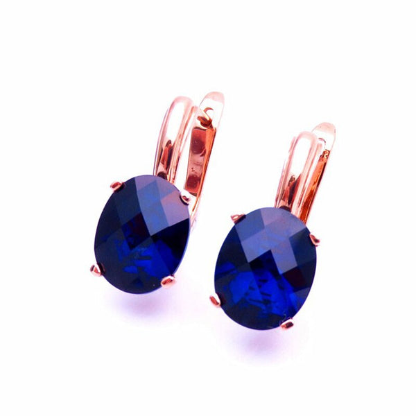 Pendientes ovalados con zafiro incrustado en oro rosa de 14 quilates y baño de oro púrpura 585 para mujer