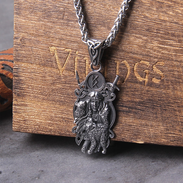 Nuevo collar con colgante de vikingos con lobo en caja de madera como regalo para hombre.